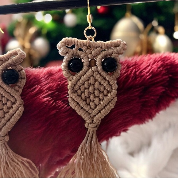 Owl macrame earrings 70s vibes Macrame Wood Hypoallergenic Ear wires Adorable - Picture 11 of 15
